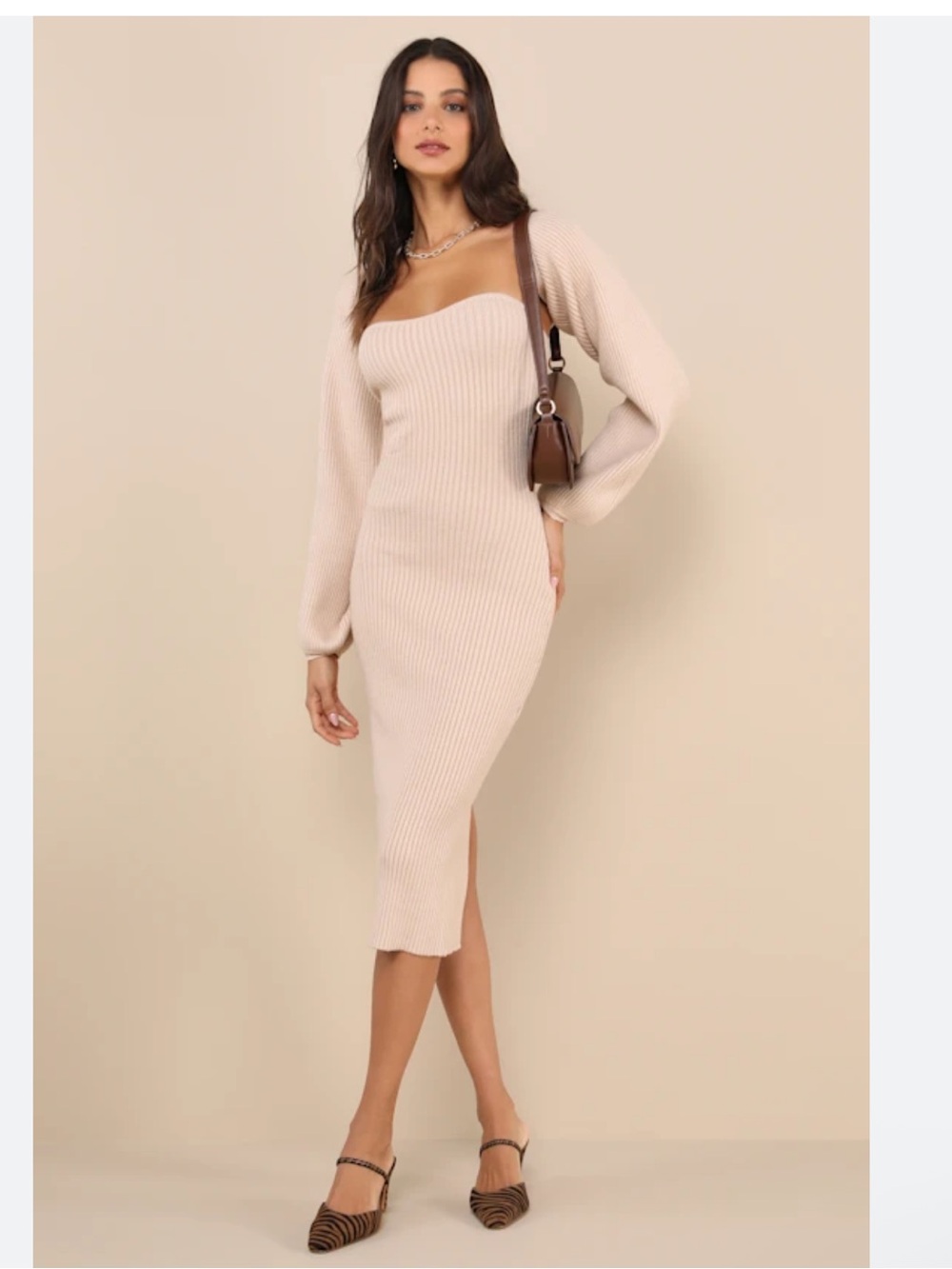 Lulu's Beige Ribbed Two-Piece Sweater Dress Set  Womens Small Minimalist Modern
